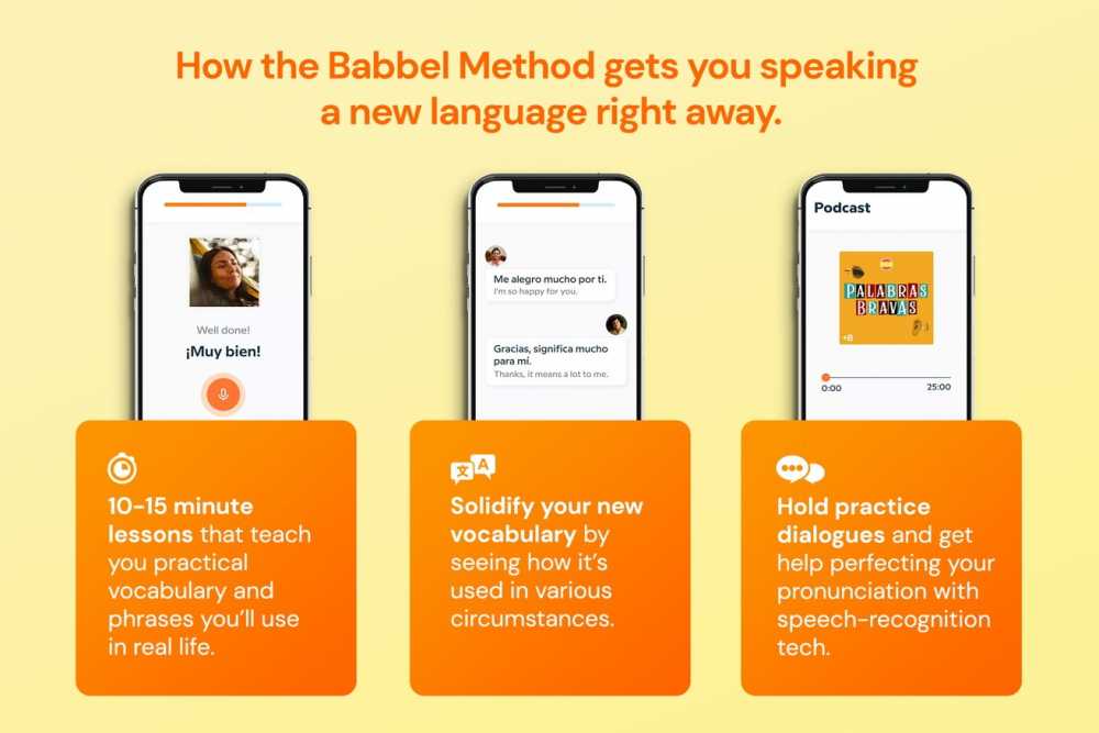 Three smartphones displaying the Babbel language learning app with different features highlighted on an orange and yellow background.