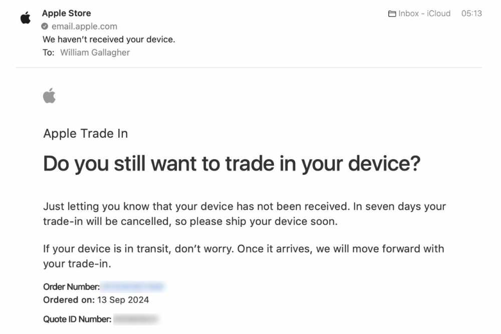 关于未收到以旧换新设备的 Apple Store 邮件，敦促在七天内发货以避免取消。 提供订单和报价 ID，日期为 2024 年 9 月 13 日。