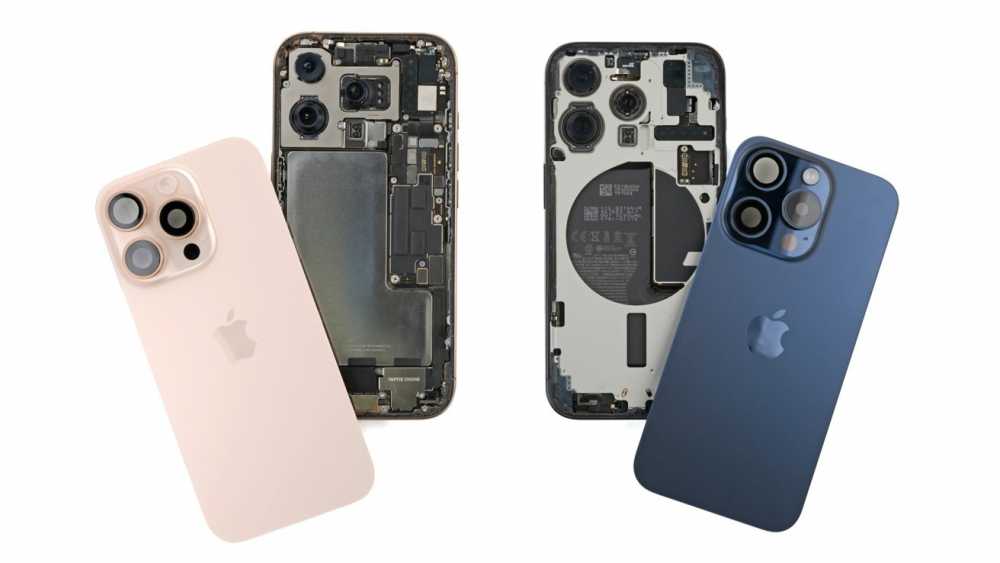 Two smartphones with exposed interiors, revealing components; next to each, the back cover showing camera lenses. One device is gold, the other is blue.