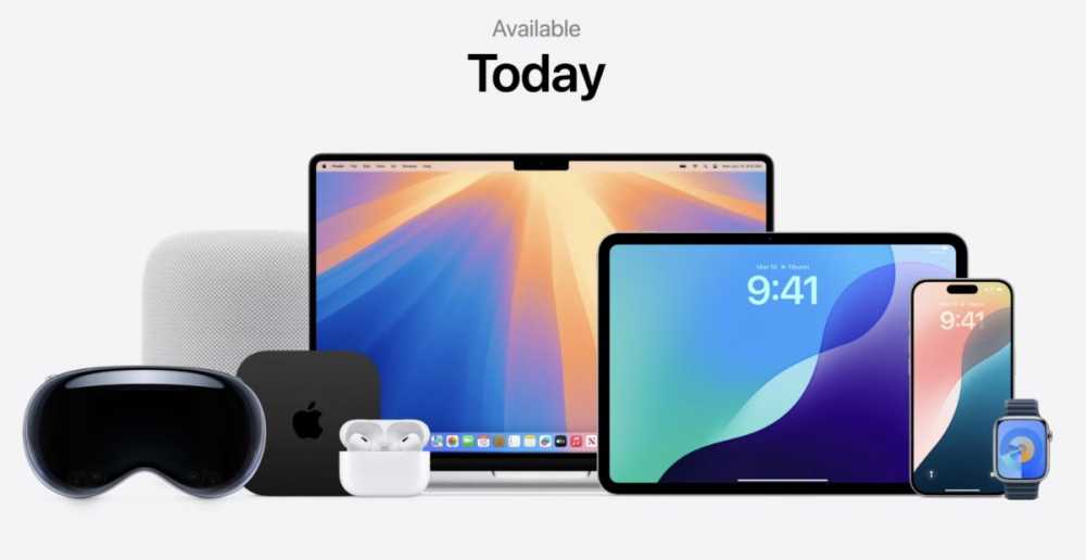 各种苹果产品，包括笔记本电脑、平板电脑、手机、手表、AirPods、HomePod和混合现实头显，上方文字为“今天可用”。