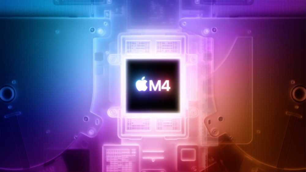 彩色电子线路板,中央有一个黑色芯片,上面标有 Apple 标志和 M4,周围环绕着蓝色、粉色和橙色的光晕。