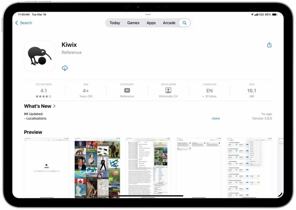 App Store 中名为 Kiwix 的应用程序的页面，显示其图标、评分、年龄类别、开发者、语言选项和应用程序界面屏幕截图。