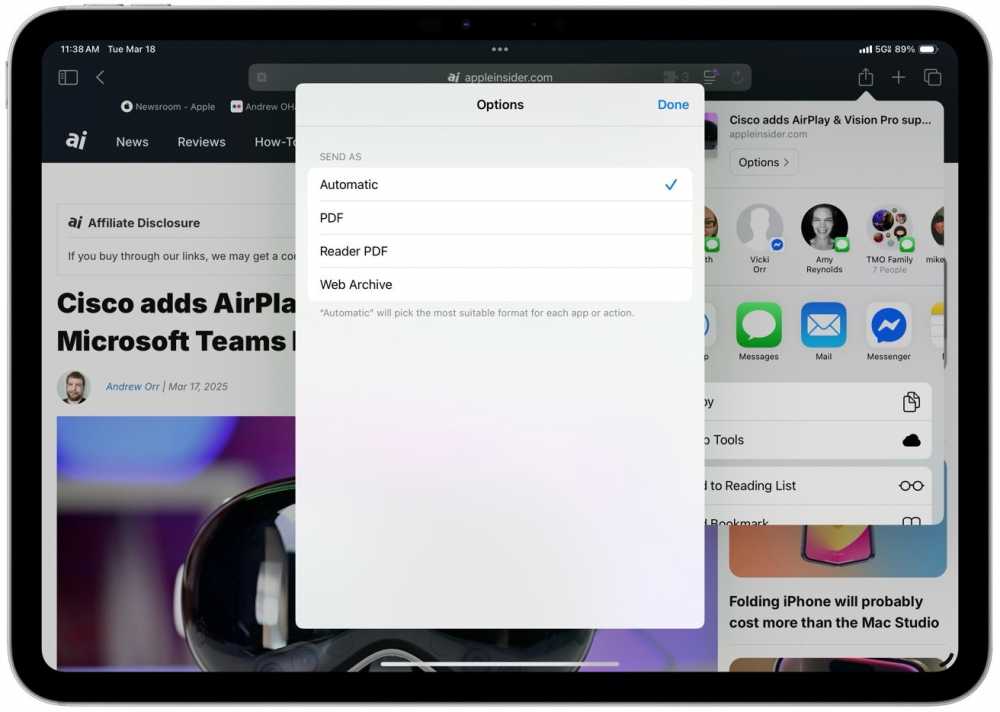 iPad 显示 AppleInsider 网站，其中包含一个用于另存为自动、PDF、Reader PDF 或 Web Archive 的选项窗口。
