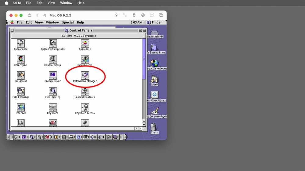 在 macOS 9 中使用 Extensions Manager 启用或禁用 Control Panels 和 Extensions。