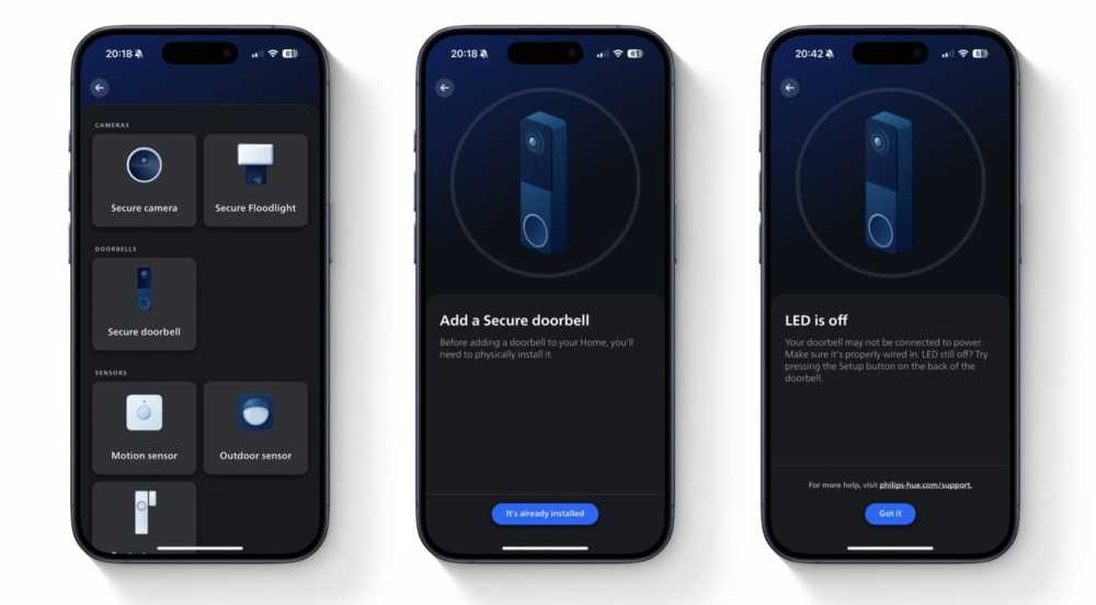 Three smartphone screens display a home security app showing options for a secure camera, floodlight, doorbell, motion sensor, and outdoor sensor, with installation instructions and settings.