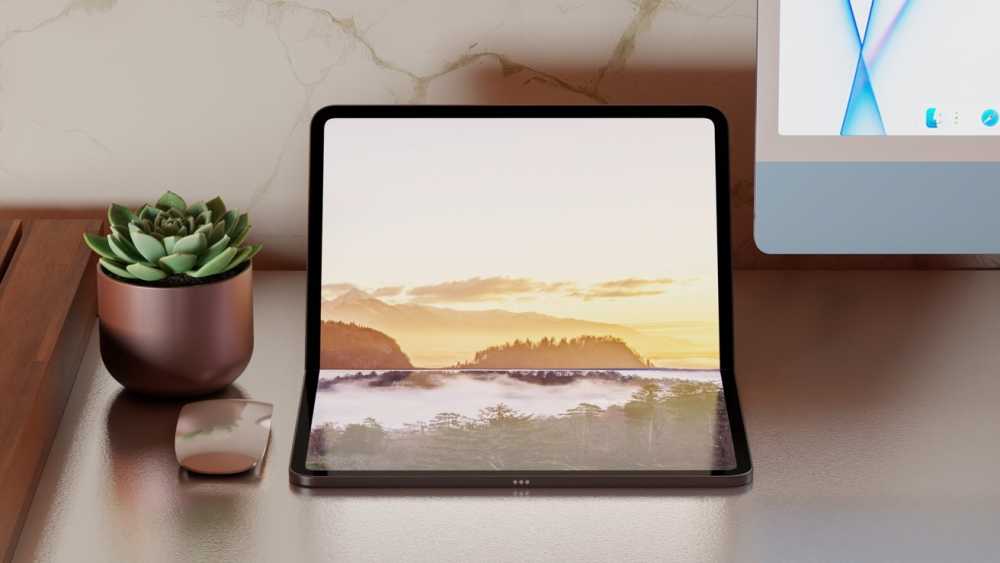 Desk with a potted succulent, wireless mouse, and a tablet displaying a serene landscape, next to a computer monitor.
