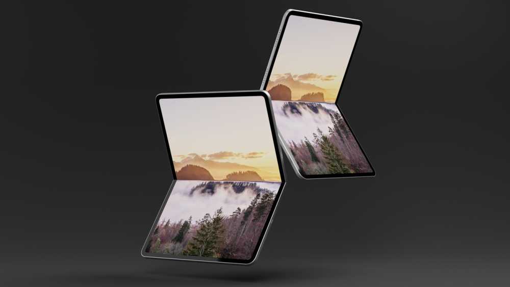 Two foldable smartphones, each displaying a scenic mountain landscape with trees and clouds, positioned against a dark background.
