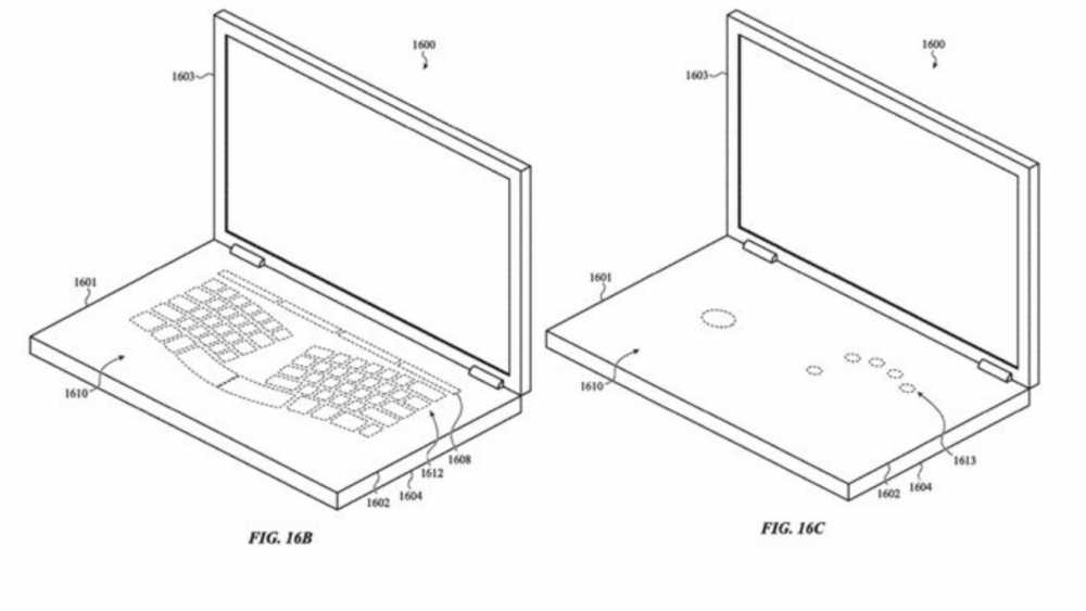 Two diagrams depict laptops. Left shows a detailed keyboard layout, while the right shows circular touch regions, both with open screens.