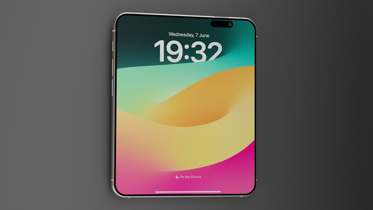 Smartphone displaying colorful abstract wallpaper with 'Do Not Disturb' notification. Time shown is 19:32 on Wednesday, 7 June. Black top notch on grey background.
