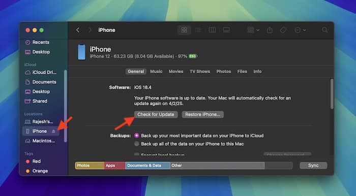 Update iPhone via Finder on Mac