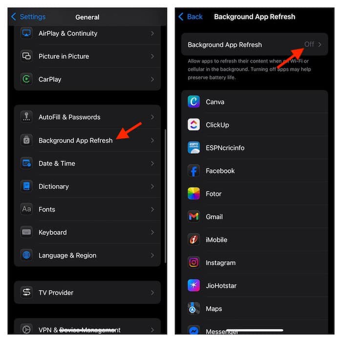 Disable background app refresh on iPhone