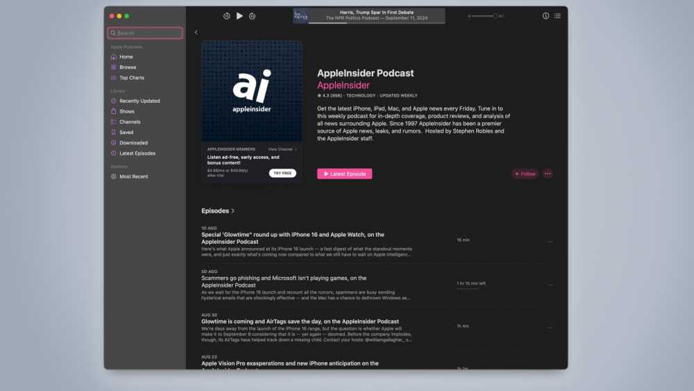 Apple Podcasts app overview showing the AppleInsider Podcast page, including description, ratings, follow button, and a list of recent episodes available for listening.
