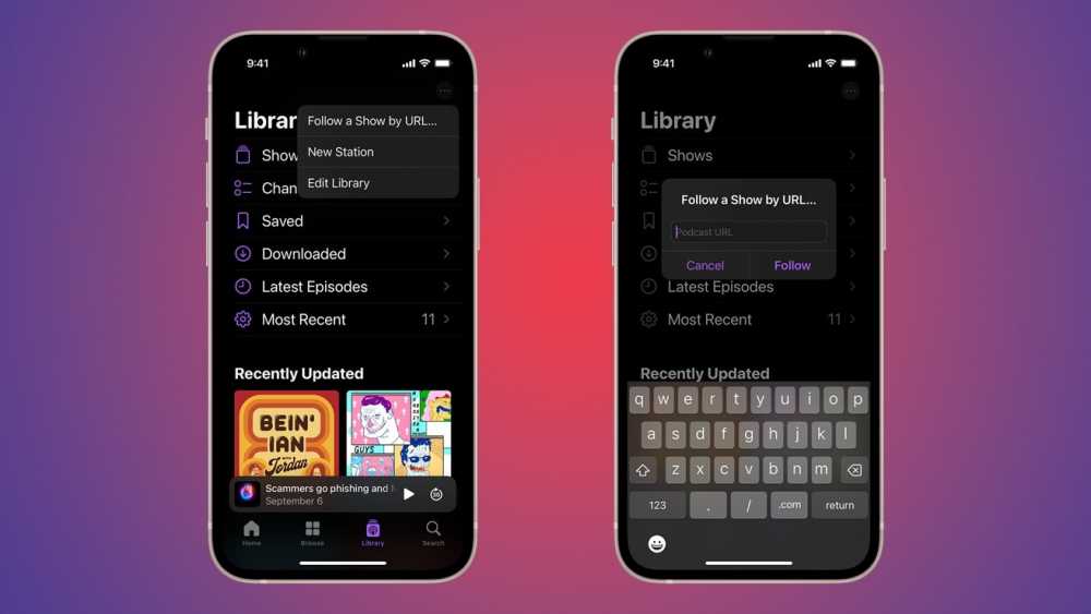 Two smartphones display a library screen for podcasts with options to follow a show by URL and a keyboard for input. Background is a gradient of purple to red.