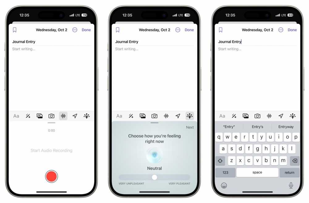 Three smartphones with a journal entry interface, options to record audio, select emotions, and use the keyboard for writing.