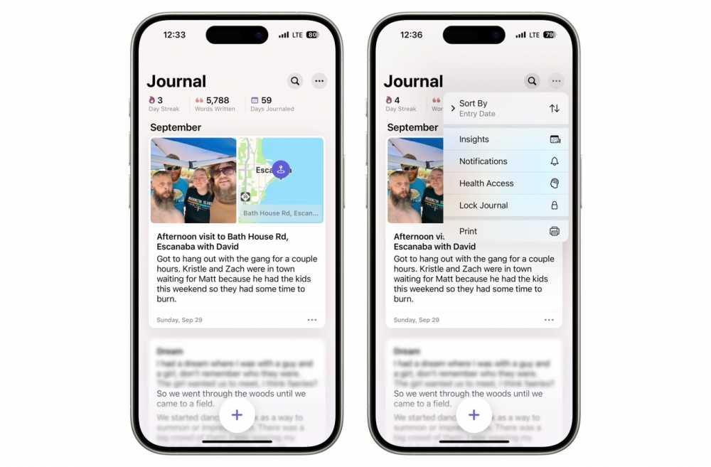 Two journal app screenshots on smartphones, showing an entry with a group photo and map, and a menu with options like sort, insights, notifications, health access, lock journal, and print.