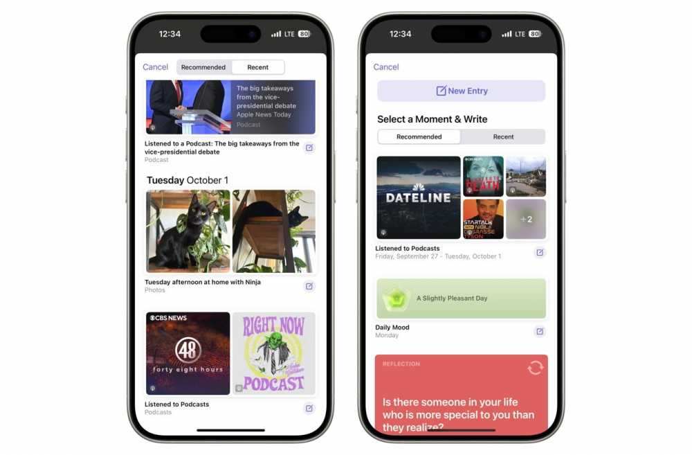 Two smartphone screens displaying a journaling app with podcast entries, daily reflections, cat photos, and mood logging options.
