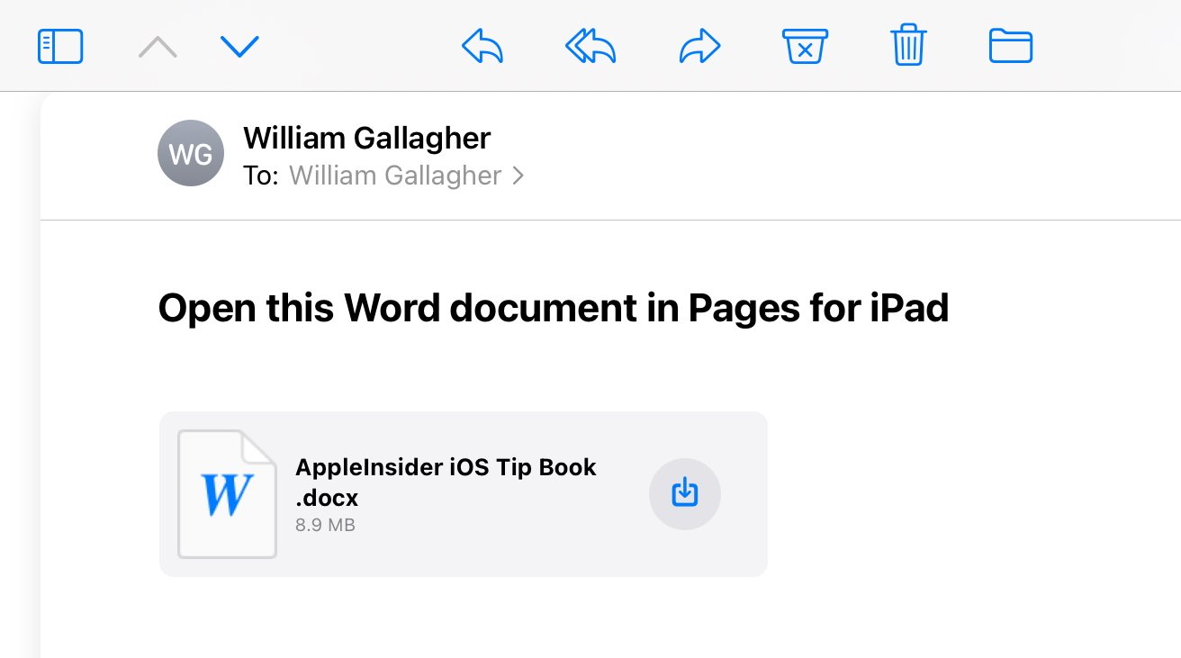 Email from William Gallagher containing a Word document attachment titled 'AppleInsider iOS Tip Book'.