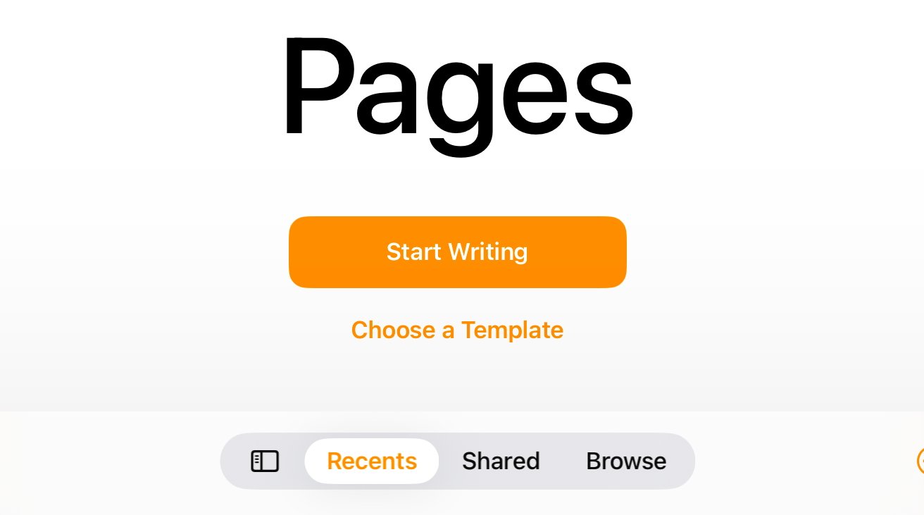 Pages app interface with a large title, a prominent orange 'Start Writing' button, and options to choose a template, view recents, shared, or browse.