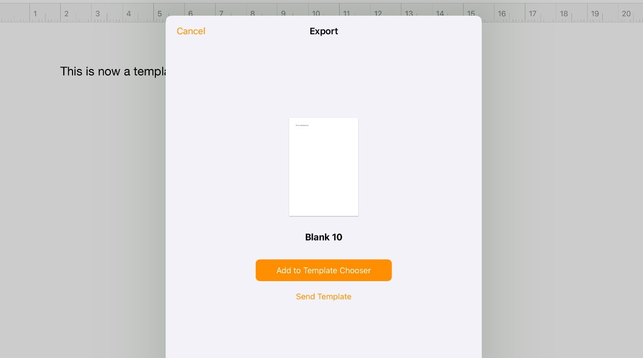 Export menu showing a preview of a blank document titled 'Blank 10' with options to add to template chooser or send template.