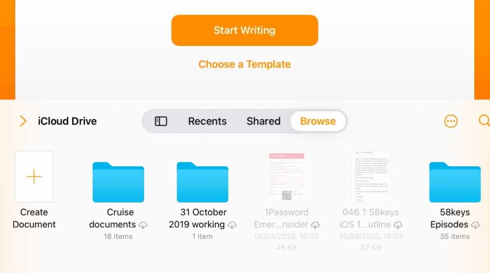 iCloud Drive interface showing folders labeled 'Cruise documents,' '31 October 2019 working,' '58keys Episodes,' and two document files, with options to create a document and browse.