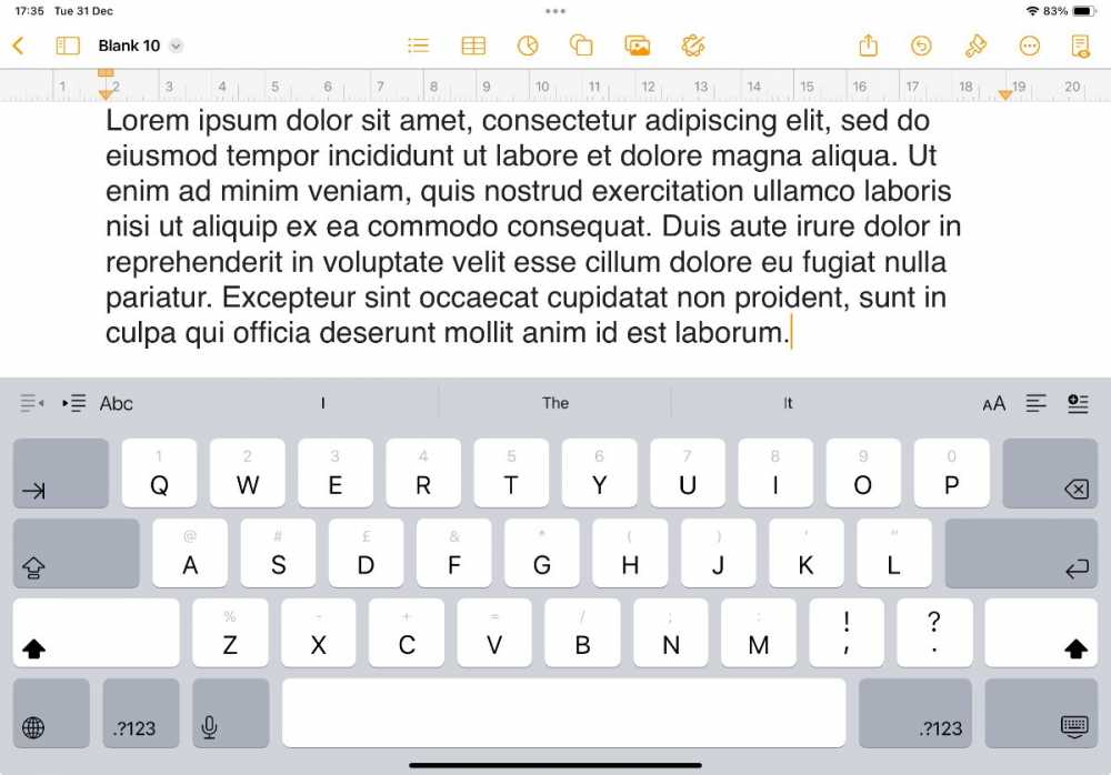 Tablet screen displaying text editor with 'Lorem ipsum' placeholder text on the top half and a keyboard on the bottom half.