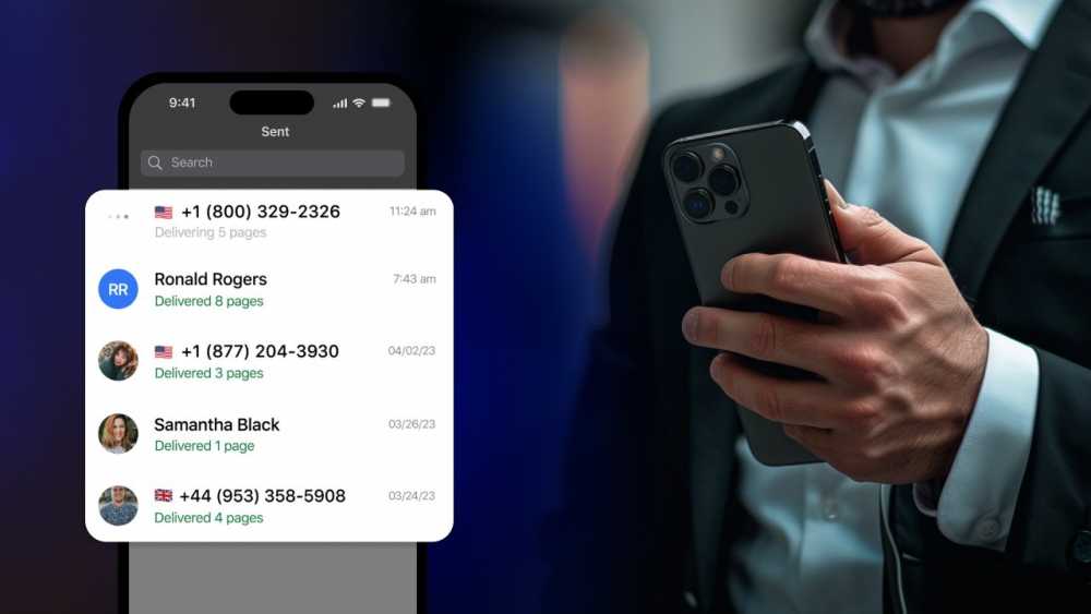Person holding a smartphone with a screen showing a list of sent messages, including contacts with names, phone numbers, and page delivery details.