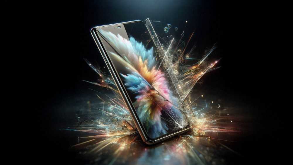 A folding smartphone with a vivid, colorful burst of fractal-like energy and light trails emerging from its screen, set against a dark background.