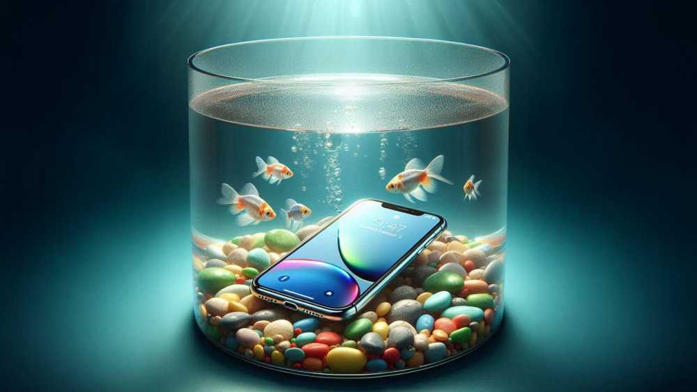 Smartphone submerged in a fishbowl with colorful pebbles and swimming goldfish, illuminated by light from above, creating a surreal underwater scene.
