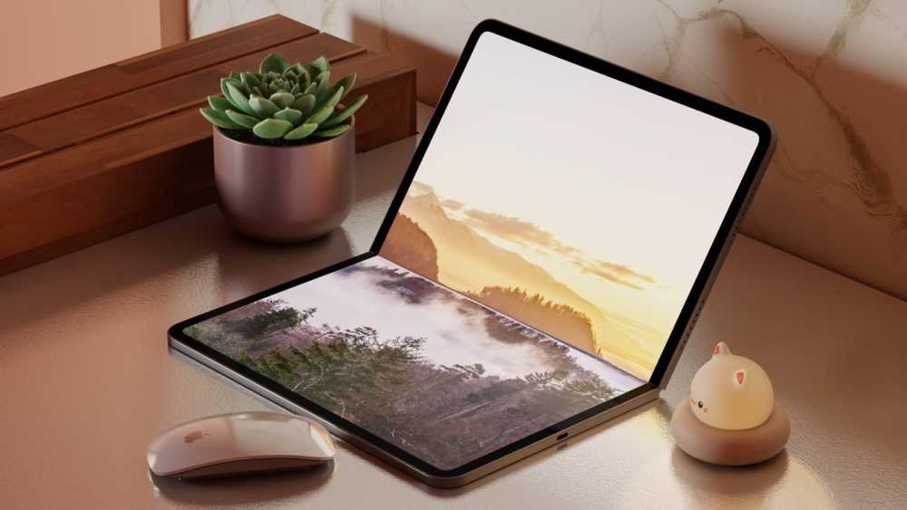 A foldable tablet displays a scenic landscape. Nearby are a potted succulent, a computer mouse, and a cute cat-shaped figurine on a smooth surface.