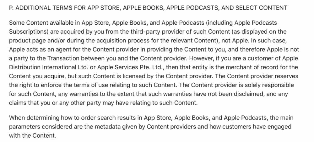 获取 App Store、Apple Books 和 Podcasts 内容的条款，突出显示了第三方责任、许可、搜索结果参数、内容提供商角色以及 Apple 的代理能力。