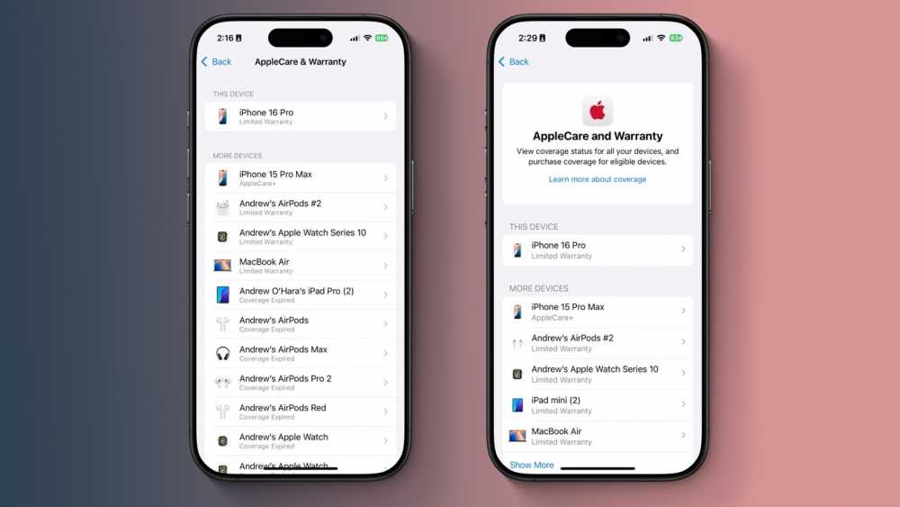 两款智能手机显示多款 Apple 设备（包括 iPhone、AirPods 和 MacBook Air）的 AppleCare 和保修详情。 每台设备都列出了其保修状态。