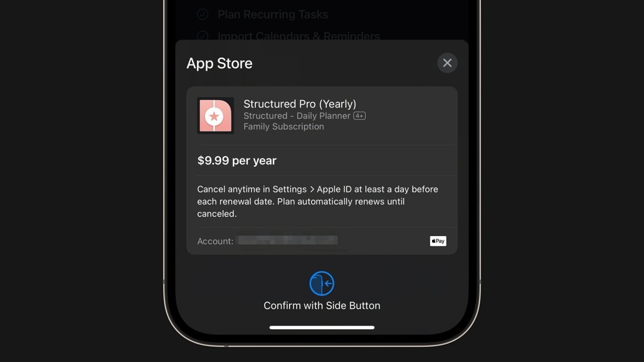 App Store 订阅提示，以每年 9.99 美元的价格订阅 Structured Pro，并附有取消说明。包括确认按钮和 Apple Pay 选项。
