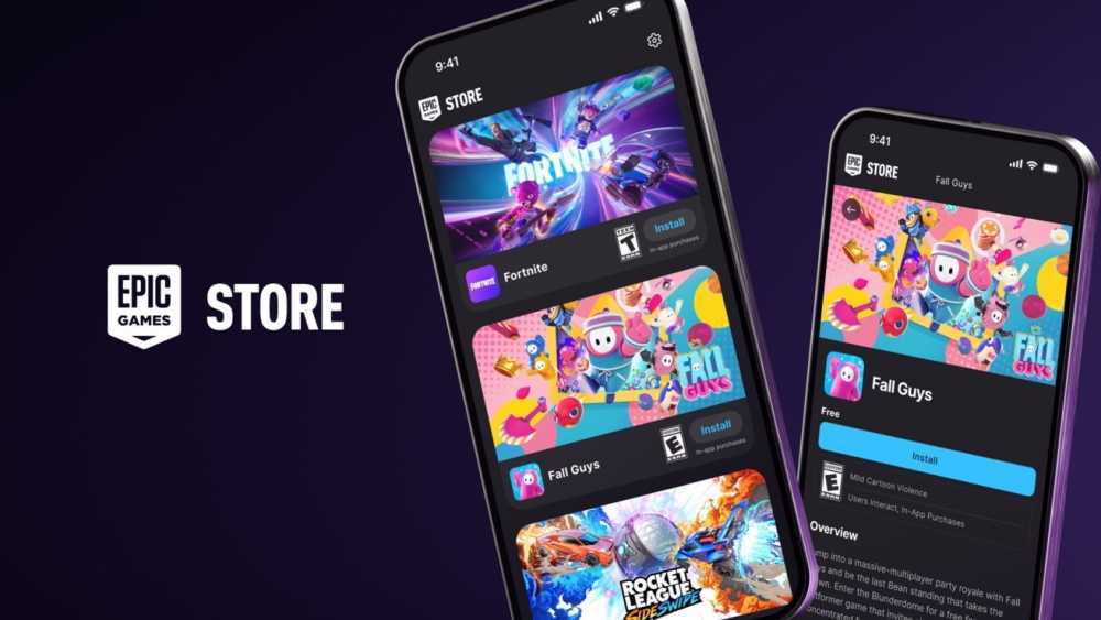 两部智能手机显示 Epic Games Store 应用，其中包含 Fortnite、Fall Guys 和 Rocket League，具有丰富多彩的图形和安装选项。