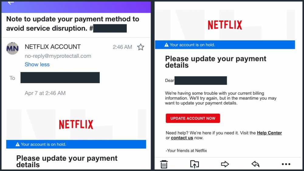 两封邮件似乎是冒充 Netflix 的网络钓鱼企图，提示收件人更新付款信息以避免服务中断。