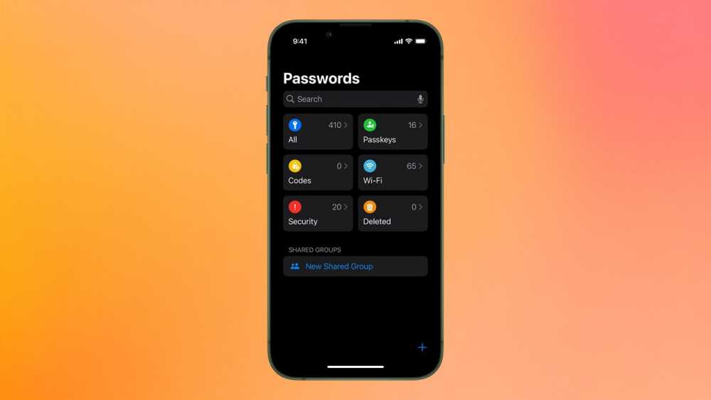 智能手机显示密码管理应用程序，其中包含所有、密钥、代码、Wi-Fi、安全和已删除等类别，背景为渐变橙色。