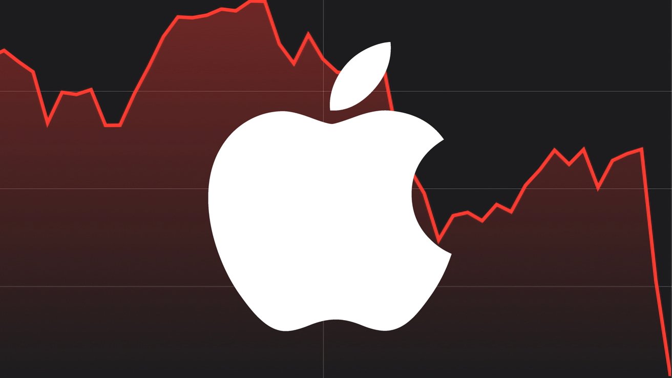 White Apple logo overlaying a red downward stock graph on a dark background.