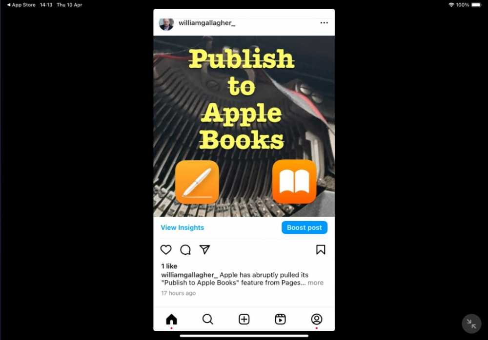 Text 'Publish to Apple Books' over typewriter keys, with icons for Pages and Apple Books below. Instagram interface with like and comment options visible.