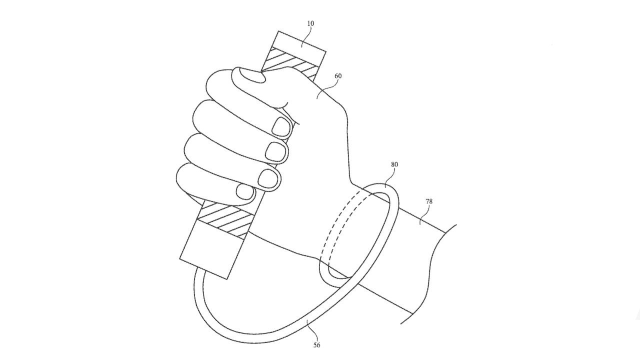 A hand grips a rectangular bar, with a band looped around the wrist.
