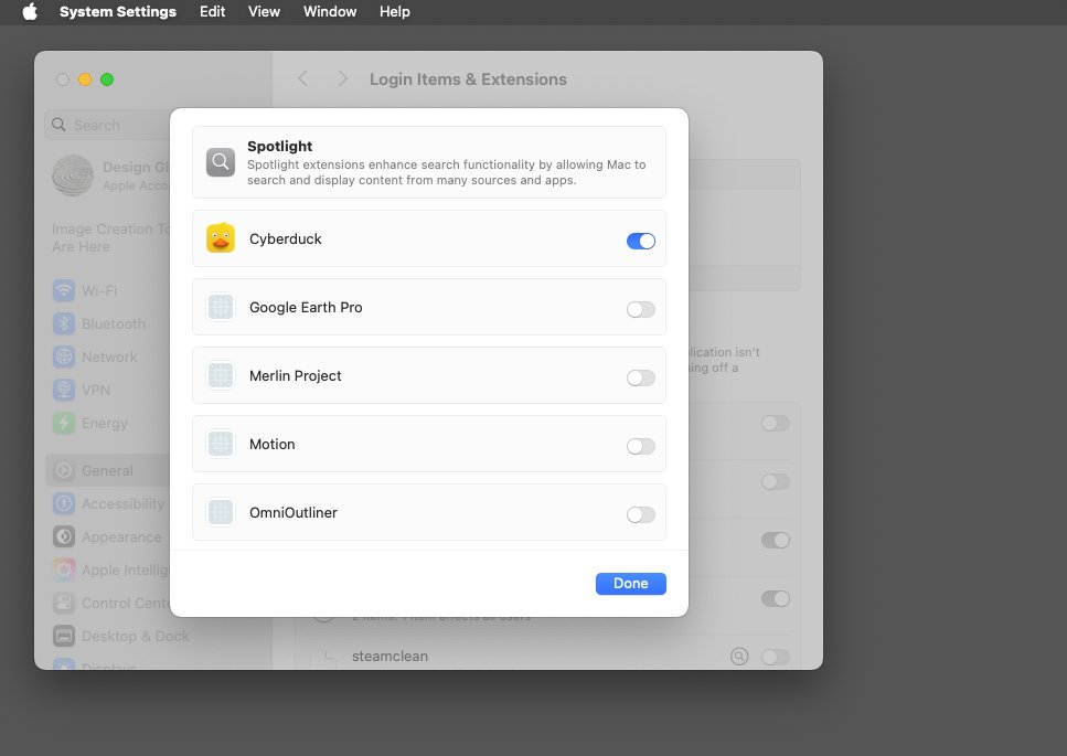 使用 macOS 的“系统设置”应用程序中的“Spotlight”表来启用或禁用第三方应用程序的自定义 Spotlight 数据。