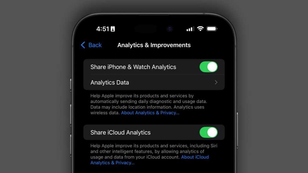 Smartphone screen showing analytics settings with toggles for sharing iPhone, Watch, and iCloud analytics enabled. Text explains data sharing purposes and privacy information.