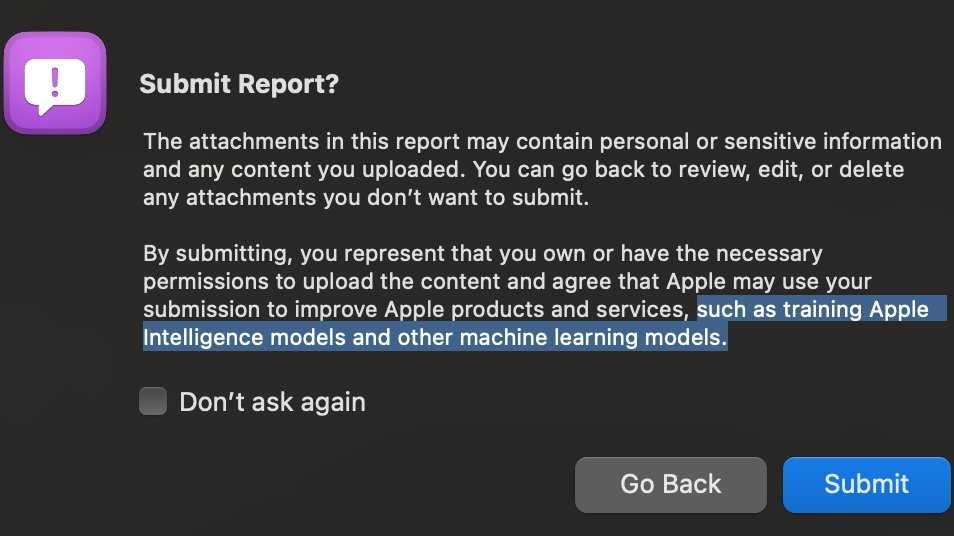 Submit report notification with text about permissions for uploading content to Apple for improving products, featuring options to go back, don't ask again, or submit.