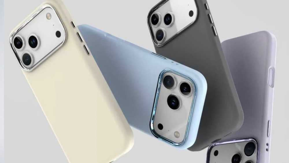 Four smartphones with triple-camera setups, each in different colored cases: cream, light blue, dark gray, and lavender, arranged floating against a light gray background.