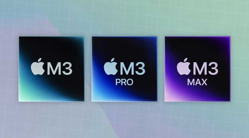 三颗 Apple M3 处理器芯片，标签为 M3、M3 Pro 和 M3 Max，背景为渐变色。