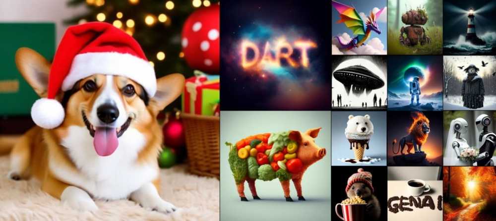 Festive corgi in Santa hat, colorful dragon, vegetable-clad pig, alien spaceship, astronaut, bear ice cream cone, fiery lion, wedding robots, autumn path, hedgehog with popcorn.
