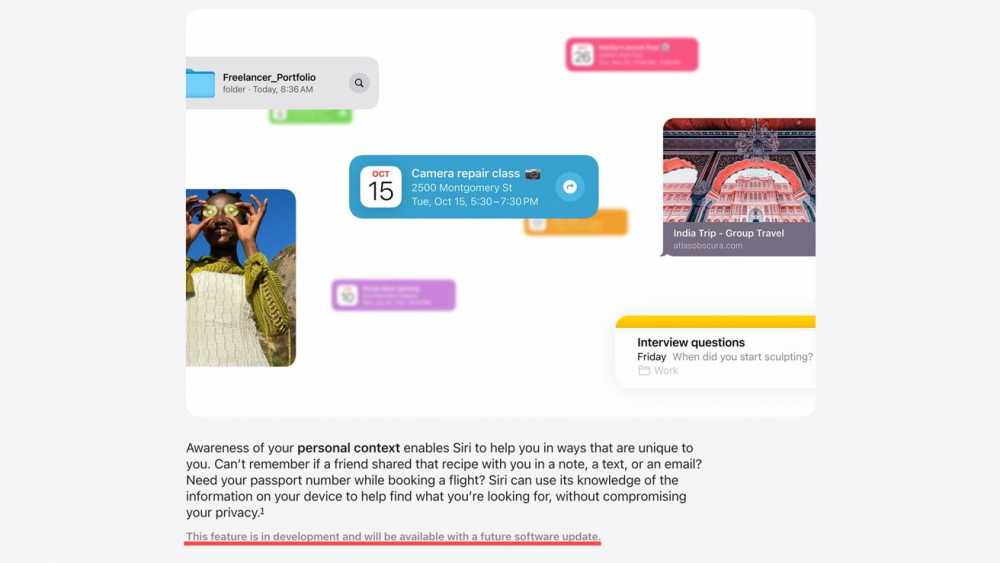 Colorful notifications and reminders on a digital interface, featuring calendar events, a travel photo, a woman holding fruit slices, and text about a personal context feature in development.