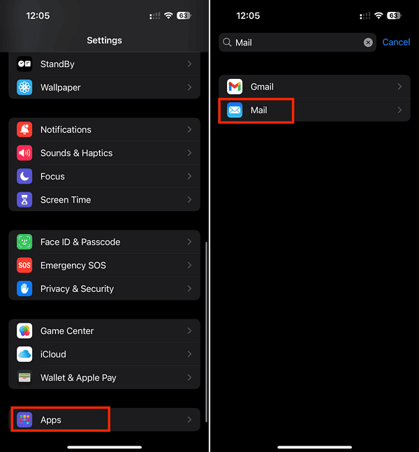 Mail App in iPhone Settings