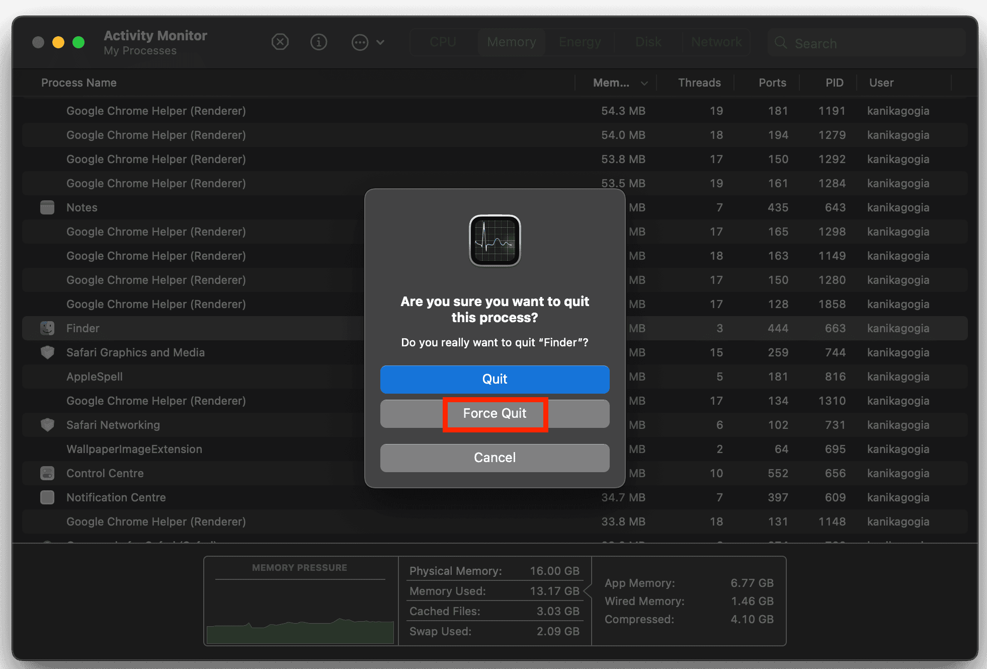 强制退出应用程序 macOS 任务管理器