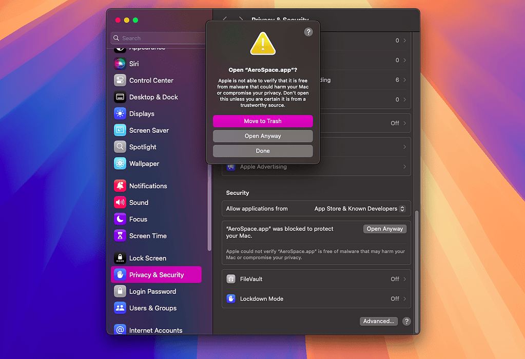 macOS bypass Gatekeeper settings warning message dialog