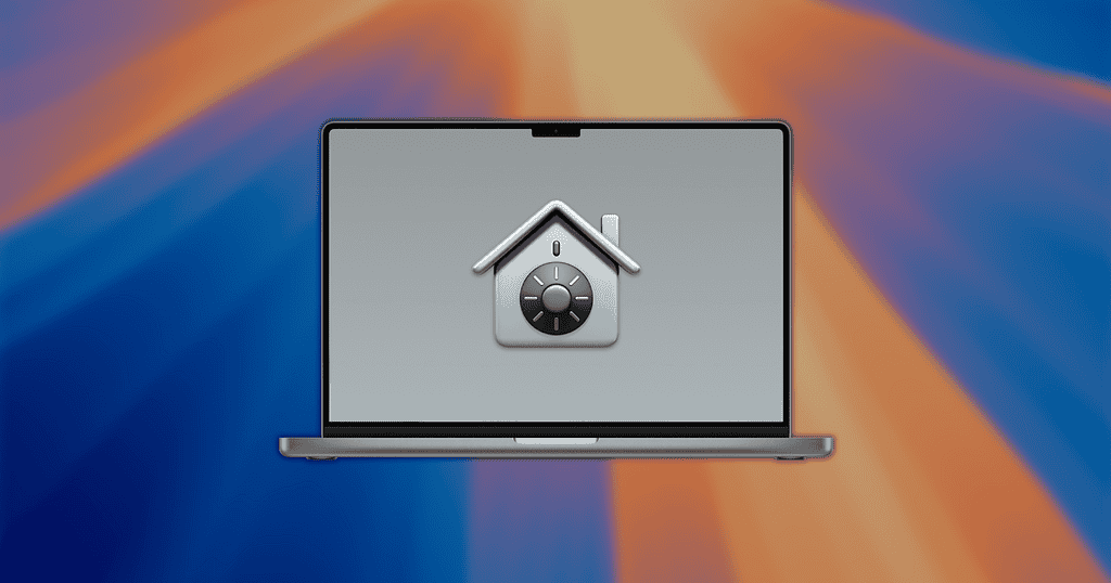 macOS Gatekeeper logo over a gray gradient background on a MacBook over the default macOS Sequoia wallpaper