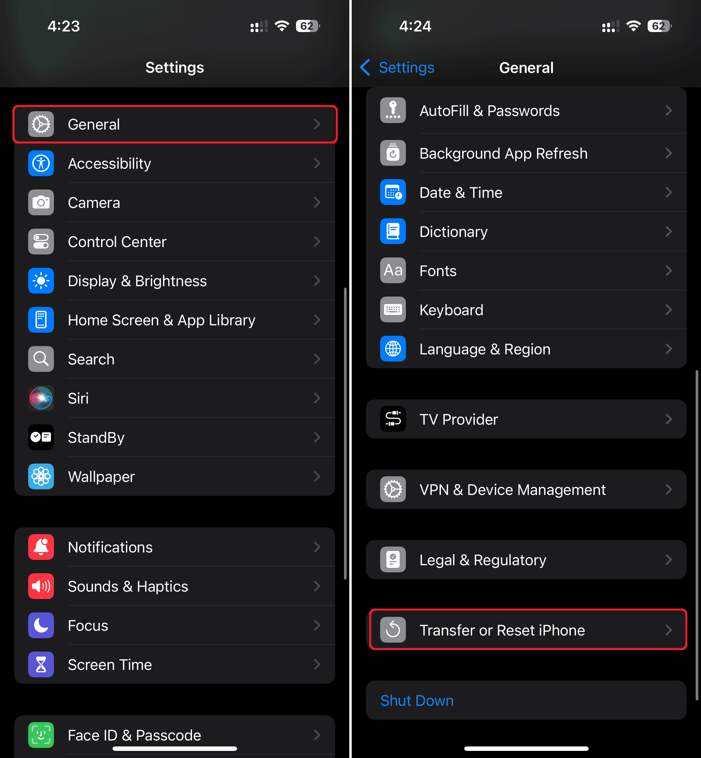 Transfer or Reset iPhone option in Settings